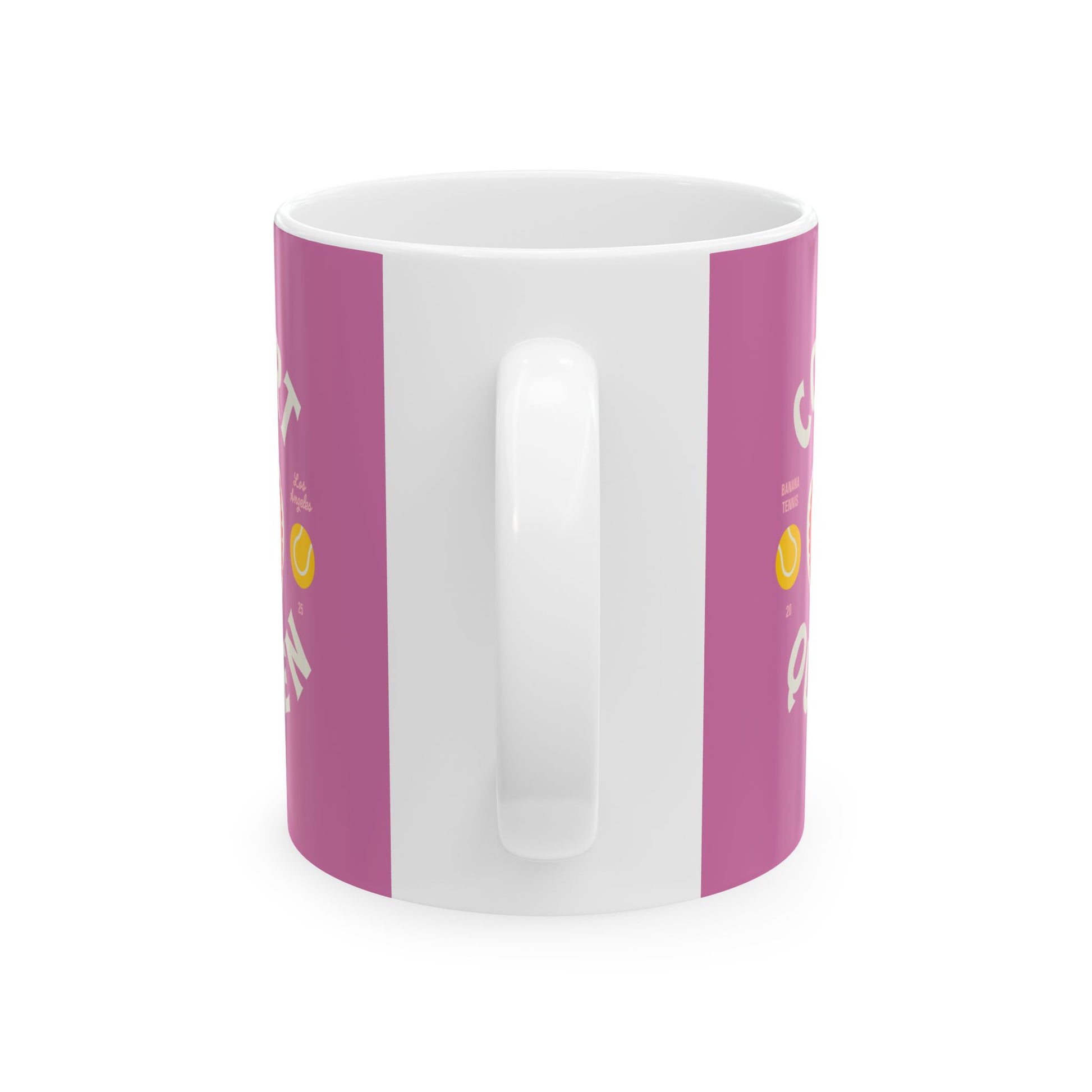 White mug with pink stripes and yellow accents on a white background