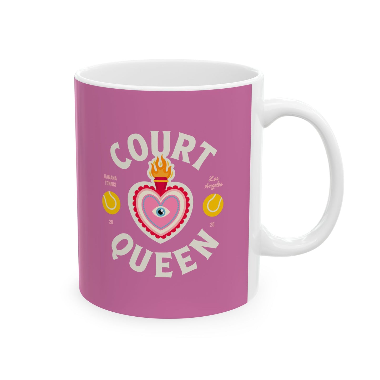 Pink mug with 'Court Queen' design on a white background