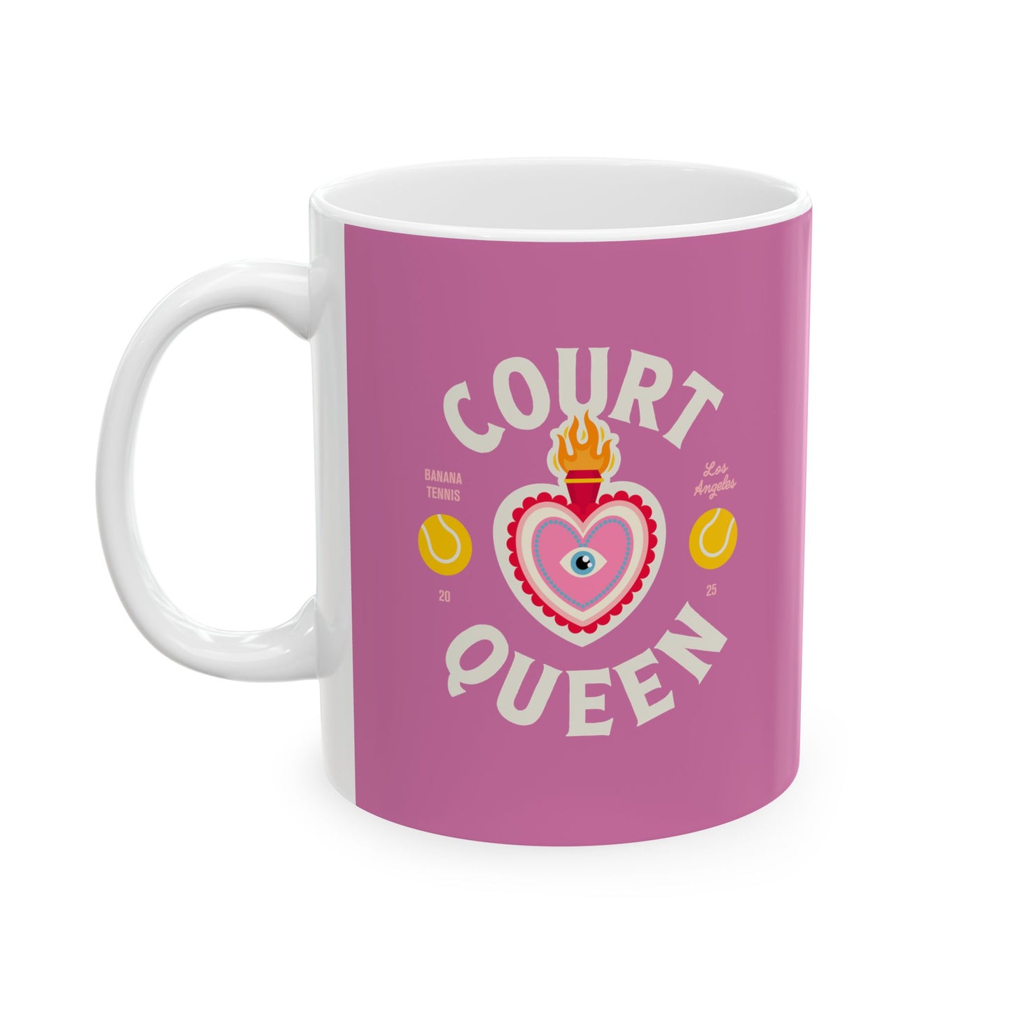 Pink mug with 'Court Queen' design on a white background