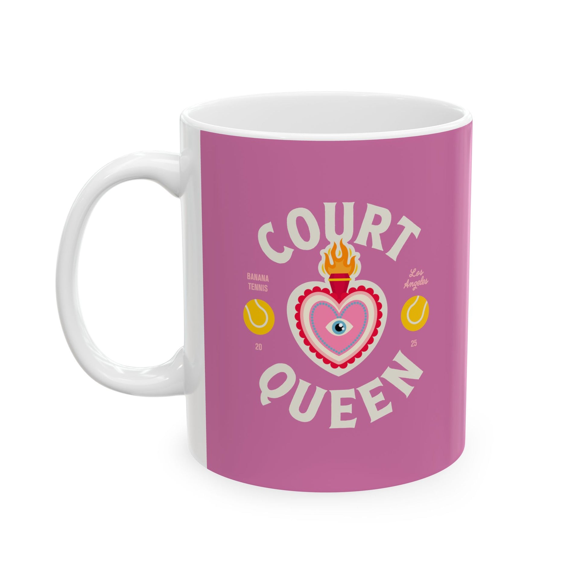 Pink mug with 'Court Queen' design on a white background