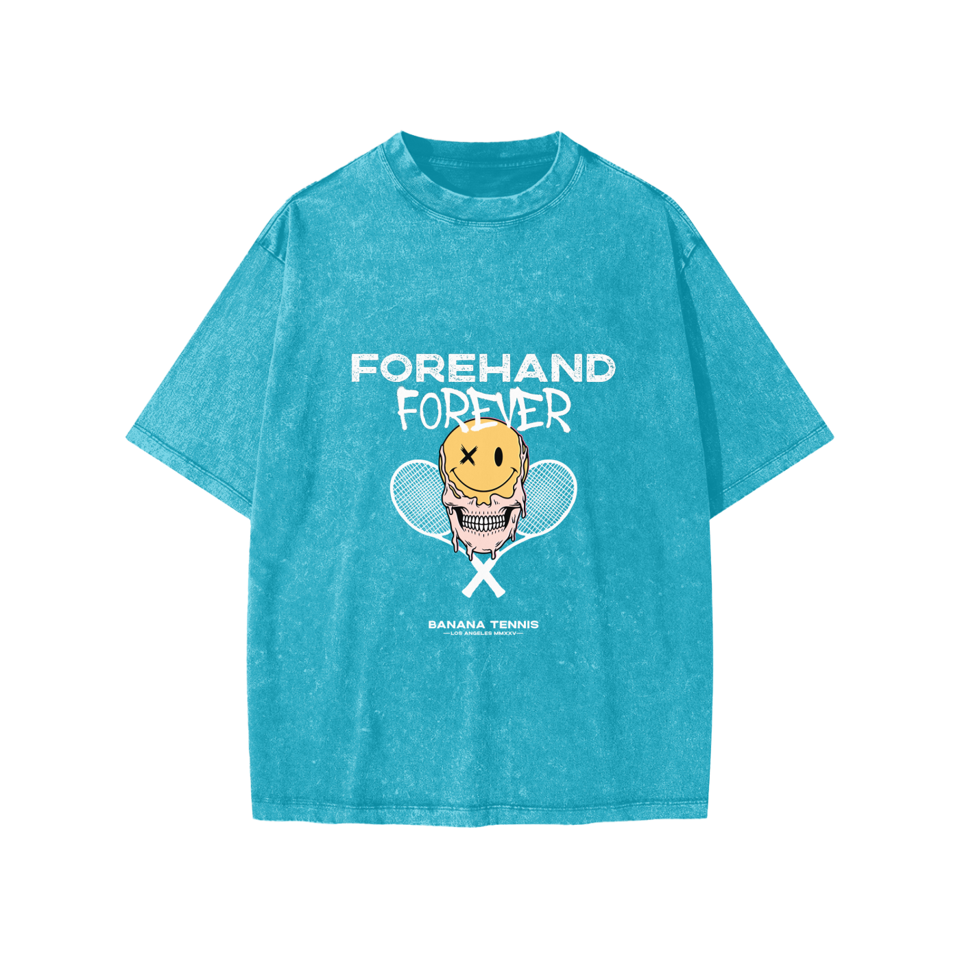 Blue t-shirt with graphic design and FOREHAND FOREVER text on a white background