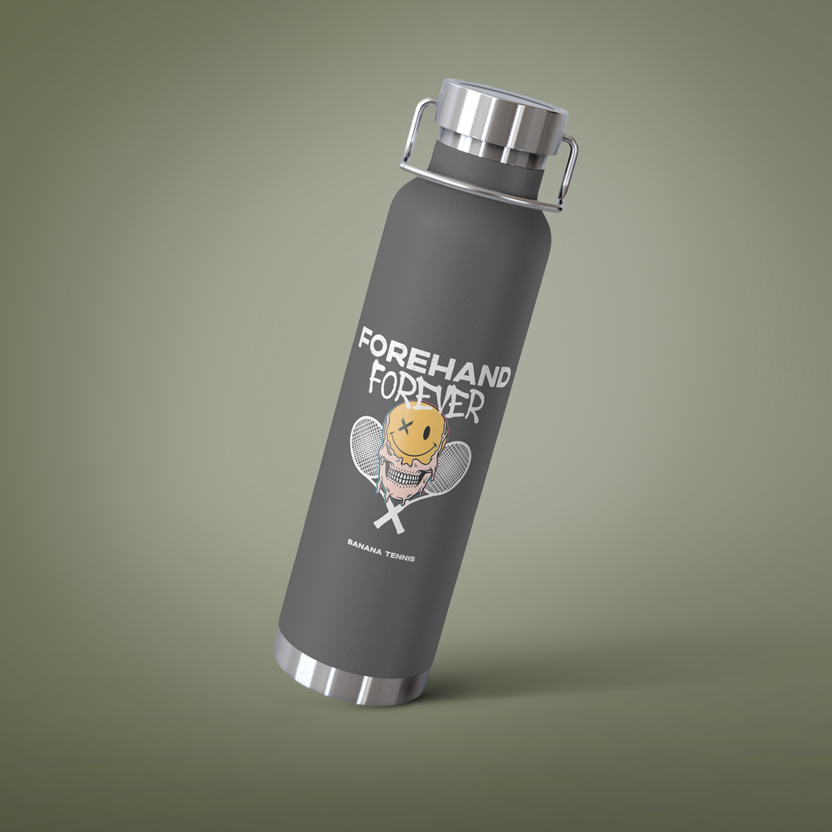 Gray water bottle with 'Forehand Forever' design on a green background