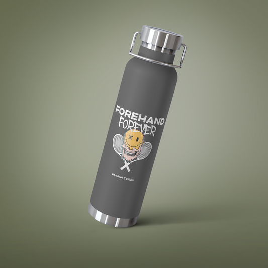 Gray water bottle with 'Forehand Forever' design on a green background