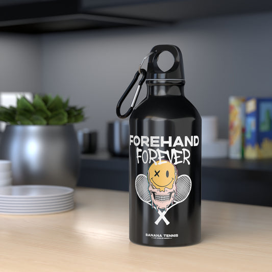 A black aluminum water flask with a tennis-themed graphic design reading FOREHAND FOREVER, a screw-on lid, and a carabiner attached, placed on a kitchen countertop.