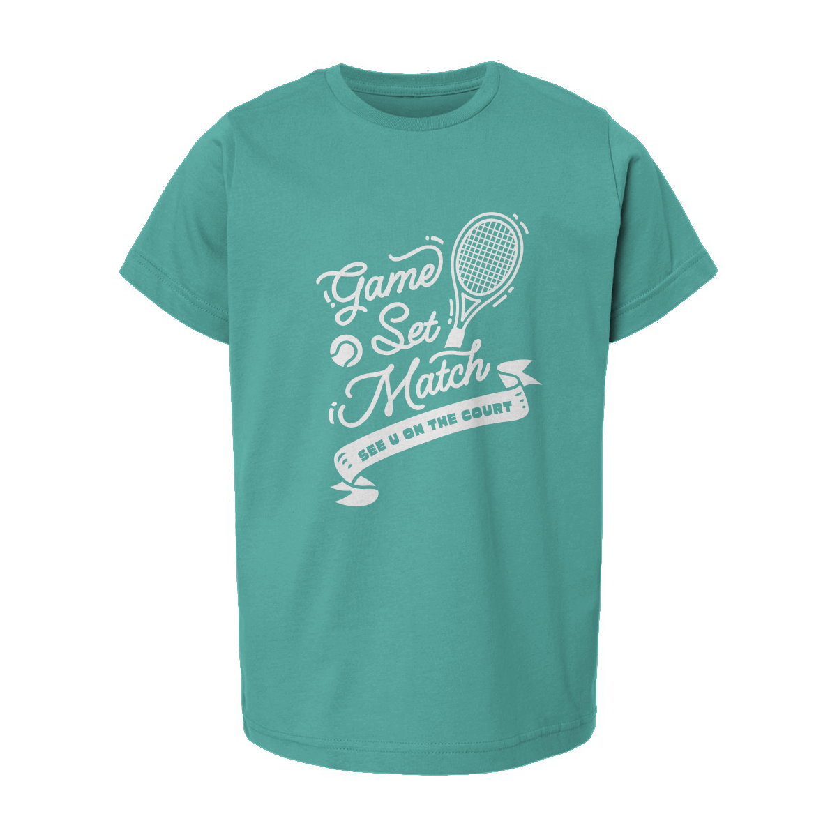 Teal color youth tennis t-shirt with white 'Game Set Match' design and tennis racket illustration, displayed on flat background