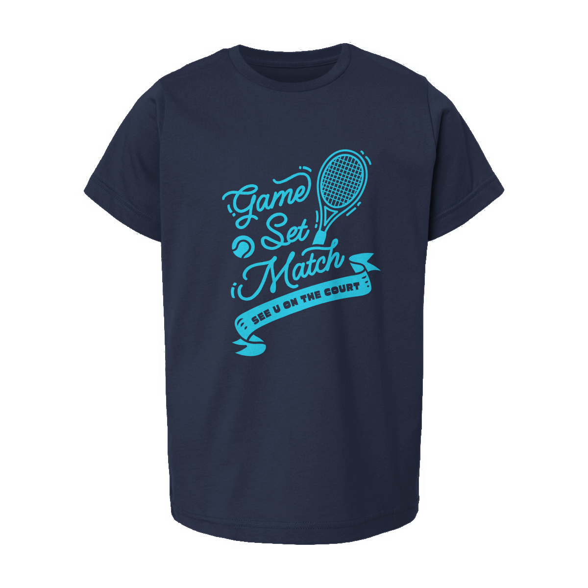 Navy blue youth t-shirt with bright blue 'Game Set Match' tennis-themed text and graphic, shown flat