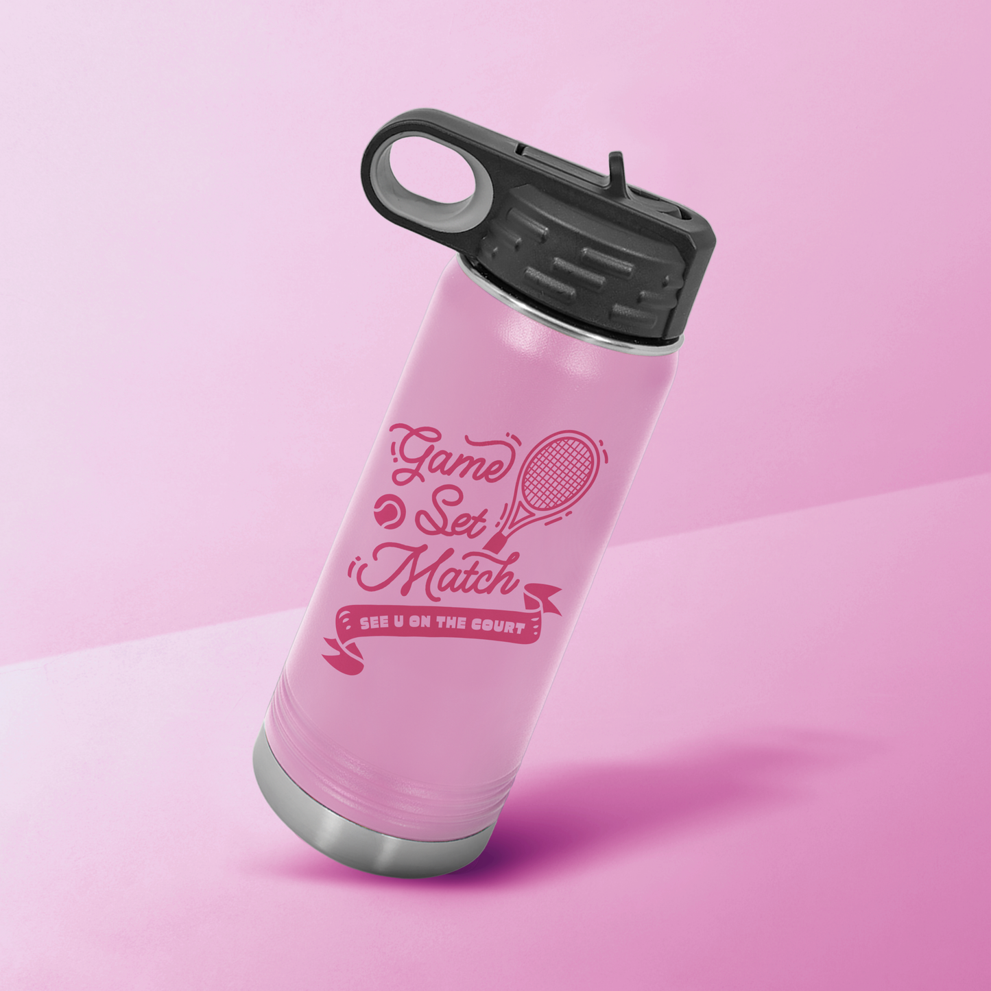 tennis water bottle, insulated sports bottle for kids, game set match bottle, stainless steel tennis bottle, double-wall vacuum water bottle, kids tennis gear, leak-proof sports bottle, reusable bottle for tennis players, matte finish water bottle, tennis accessories for juniors, tennis gift idea for players, eco-friendly tennis bottle.