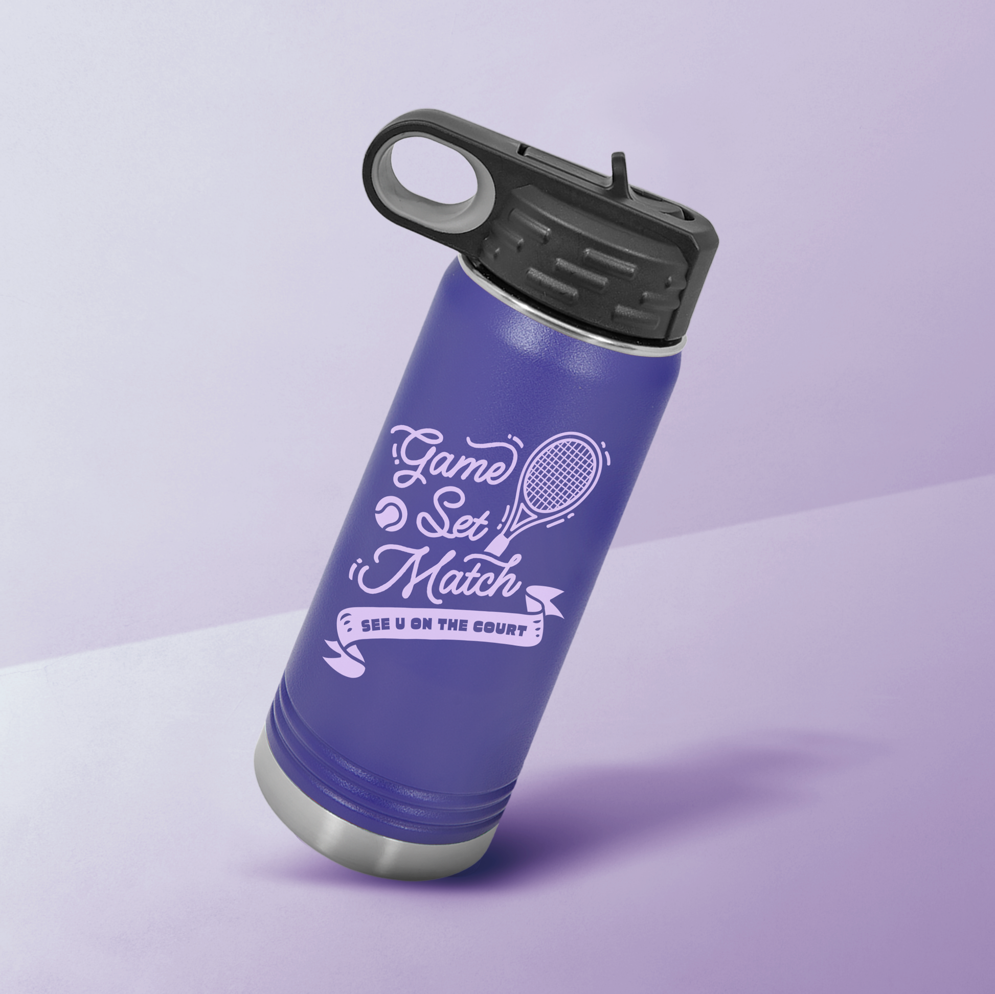 tennis water bottle, insulated sports bottle for kids, game set match bottle, stainless steel tennis bottle, double-wall vacuum water bottle, kids tennis gear, leak-proof sports bottle, reusable bottle for tennis players, matte finish water bottle, tennis accessories for juniors, tennis gift idea for players, eco-friendly tennis bottle.