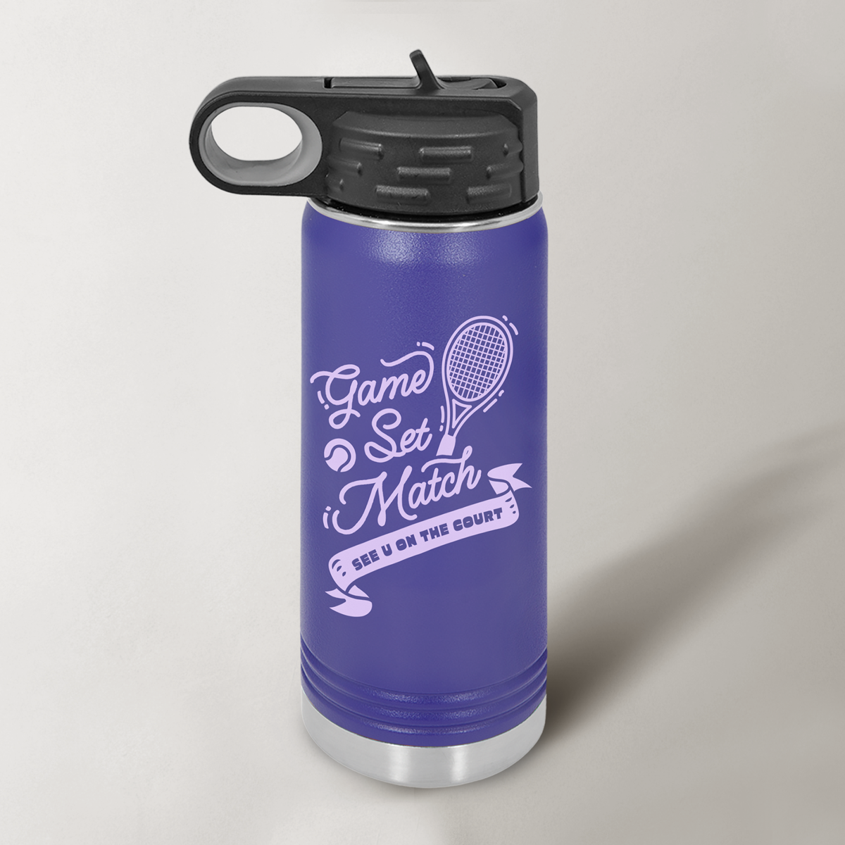 tennis water bottle, insulated sports bottle for kids, game set match bottle, stainless steel tennis bottle, double-wall vacuum water bottle, kids tennis gear, leak-proof sports bottle, reusable bottle for tennis players, matte finish water bottle, tennis accessories for juniors, tennis gift idea for players, eco-friendly tennis bottle.