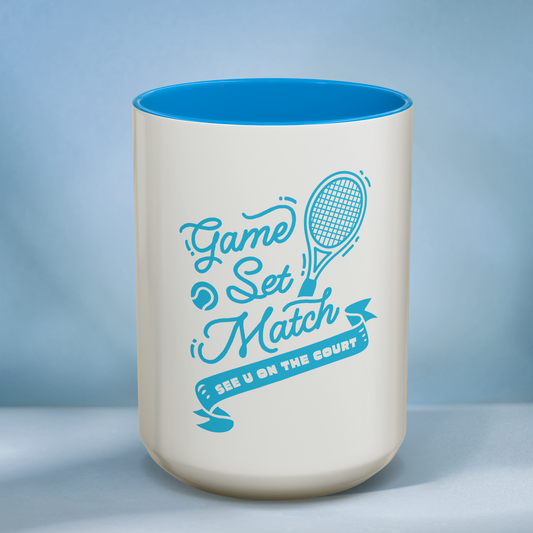 Mug with 'Game Set Match' text and tennis racket design on a blue background