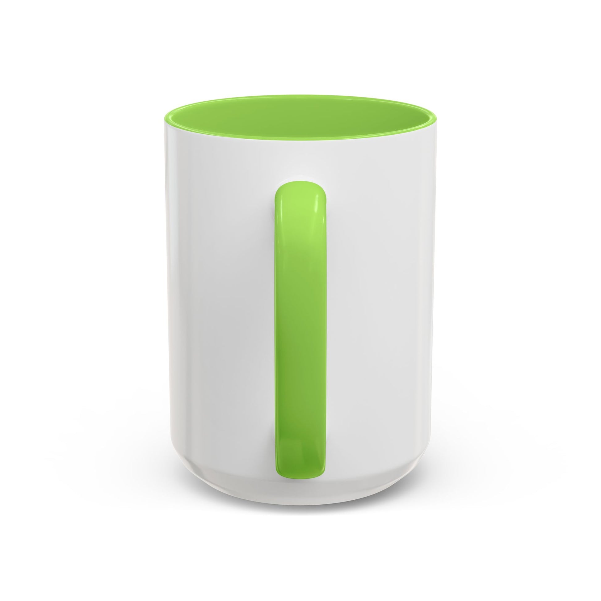 White mugwith a green handle and interior on a white background