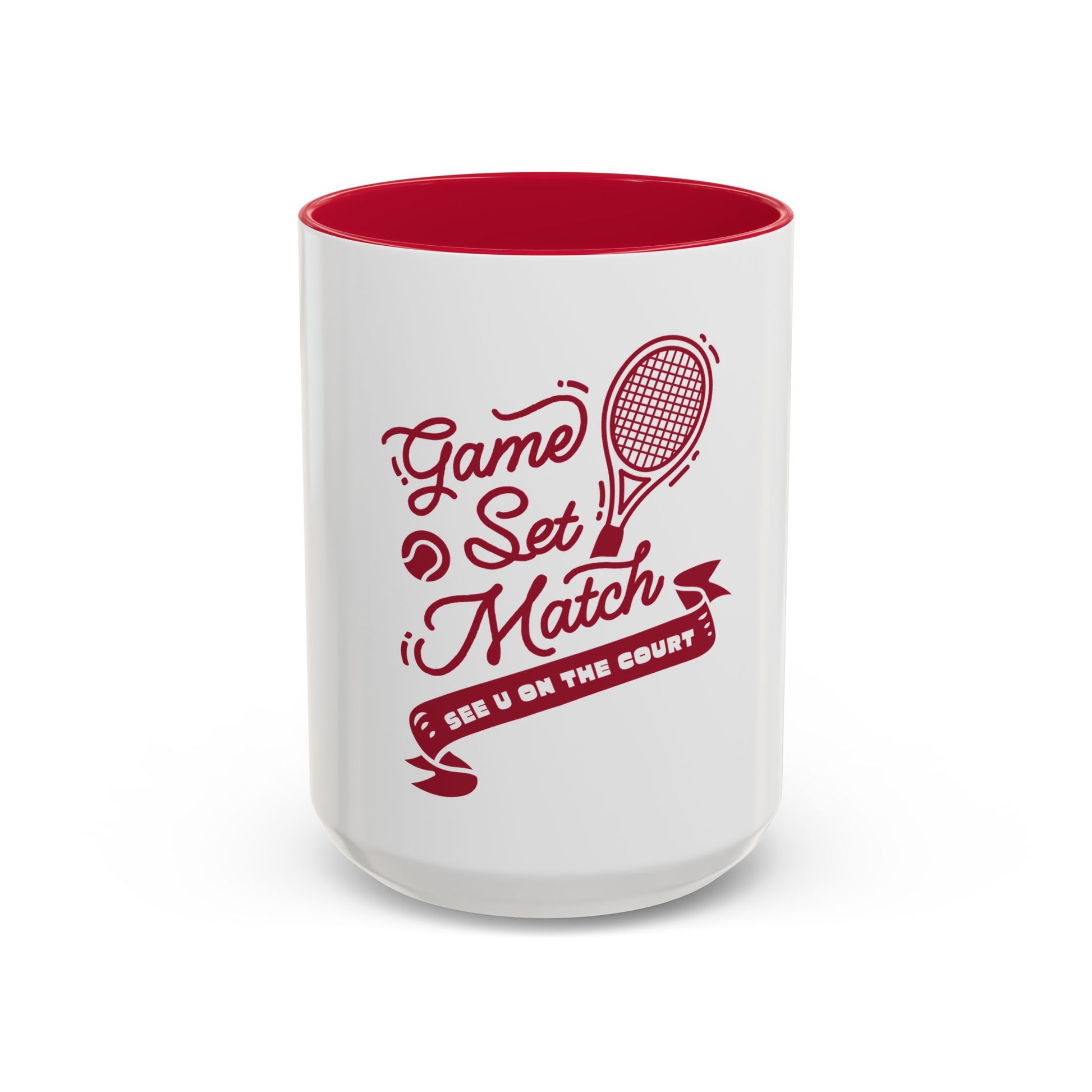 White mug with red interior and tennis-themed design on a white background