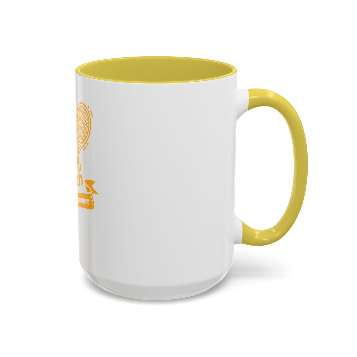 White mug with yellow interior and handle on a white background