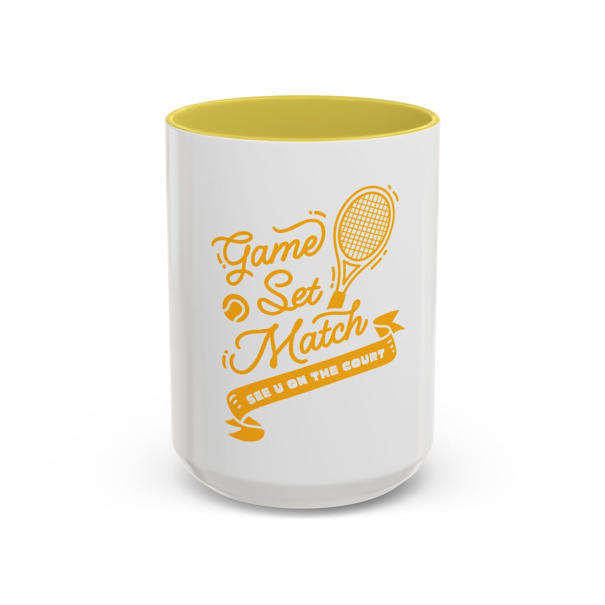 White mug with yellow interior and 'Game Set Match' text on a white background