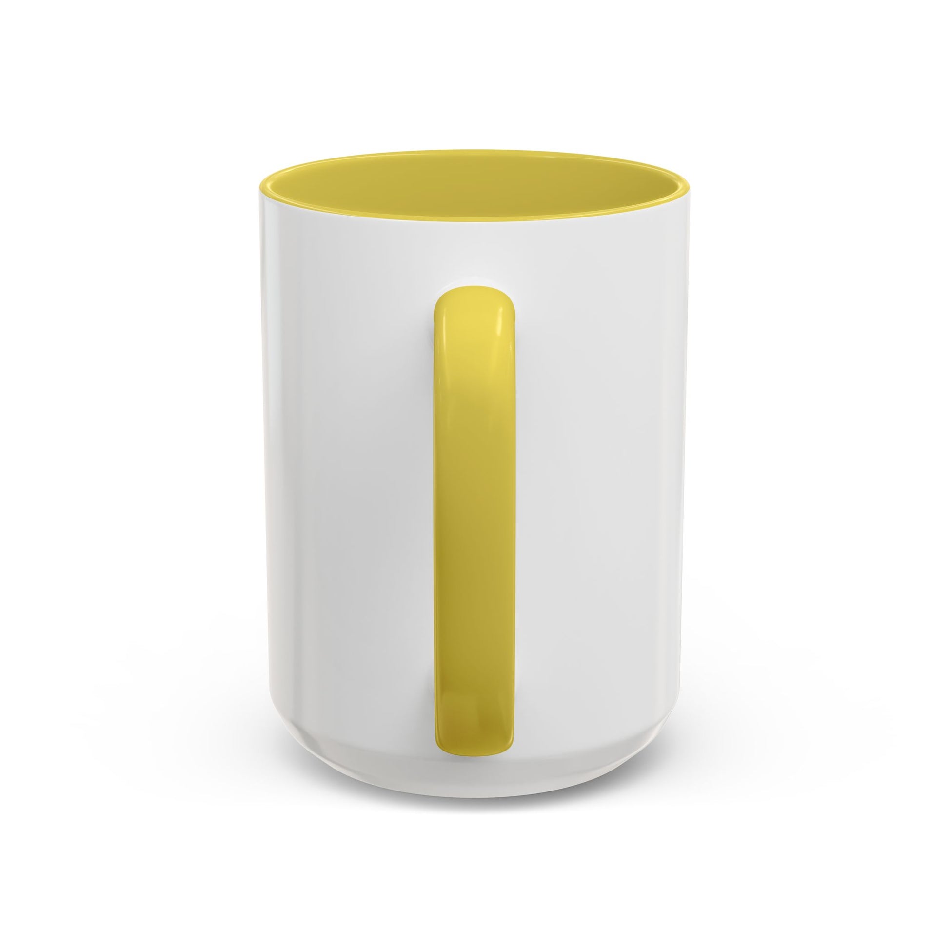 White cup with a yellow handle on a white background
