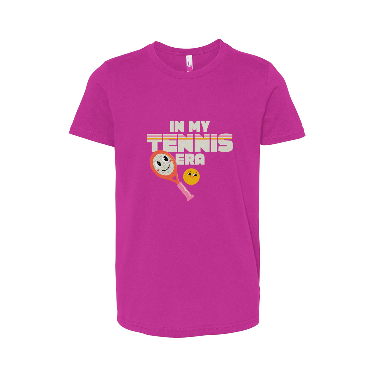 Berry pink t-shirt with 'In My Tennis Era' text and graphics on a white background