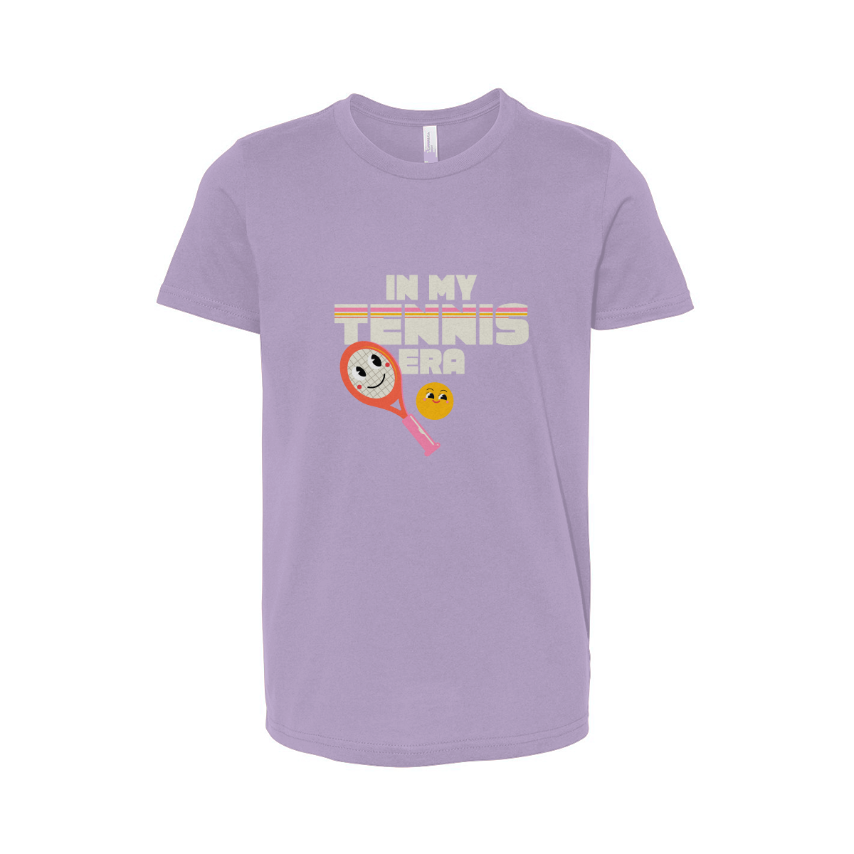Lavander t-shirt with 'In My Tennis Era' graphic design on a white background