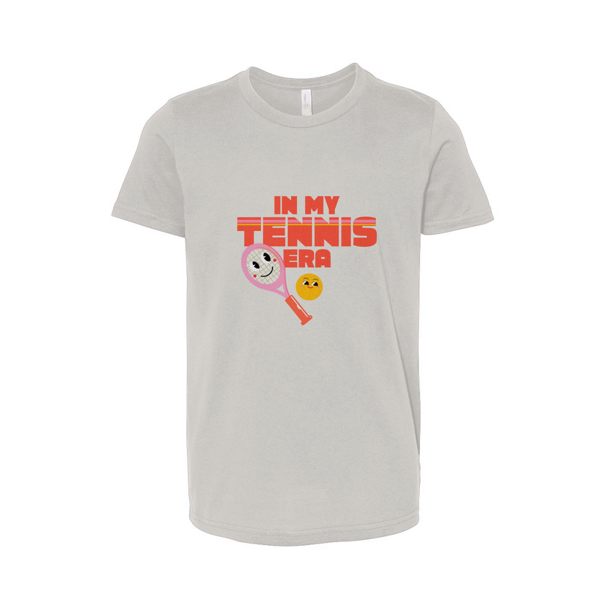 Natural white t-shirt with 'In My Tennis Era' text and tennis racket graphic on a white background