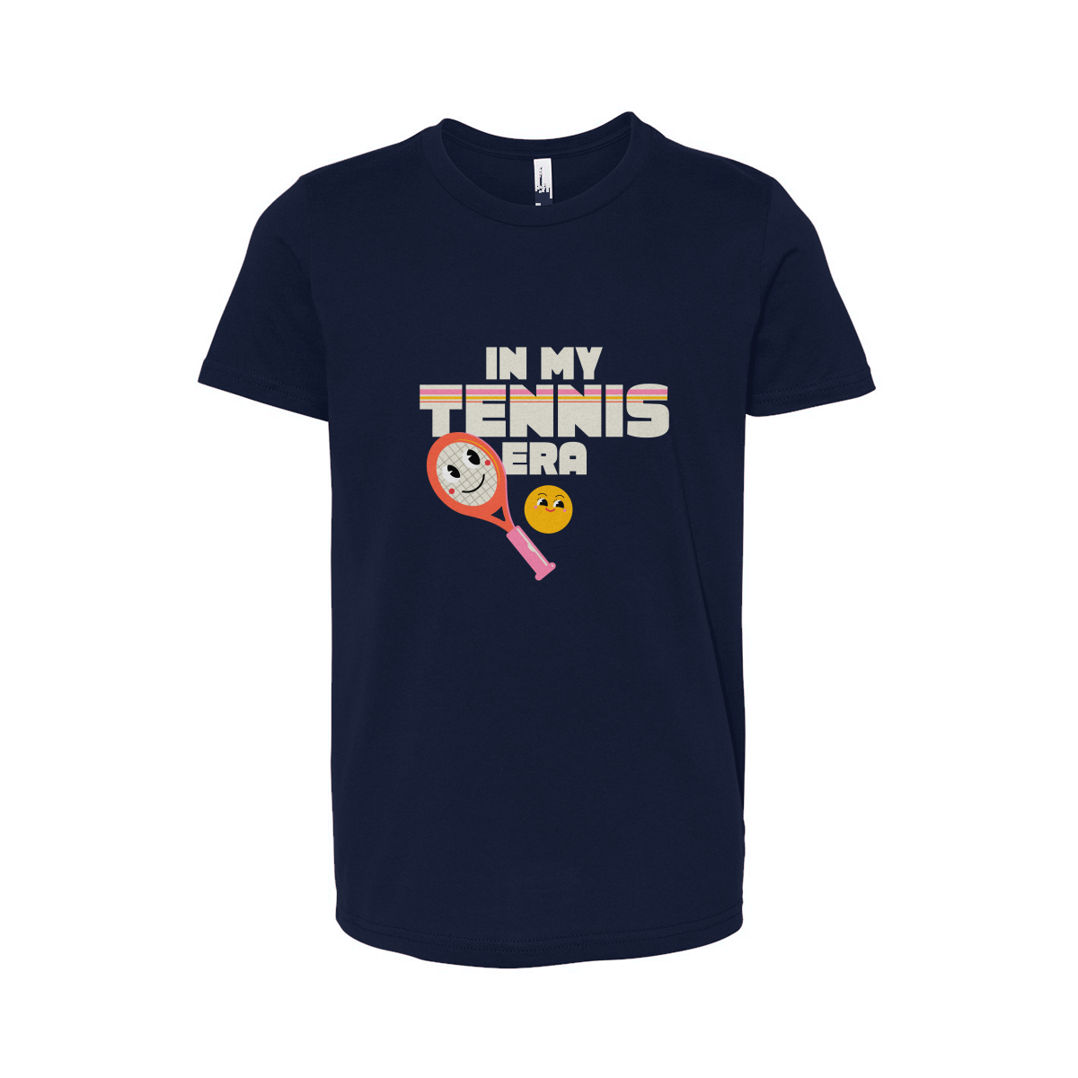 Navy blue t-shirt with tennis-themed design on a white background
