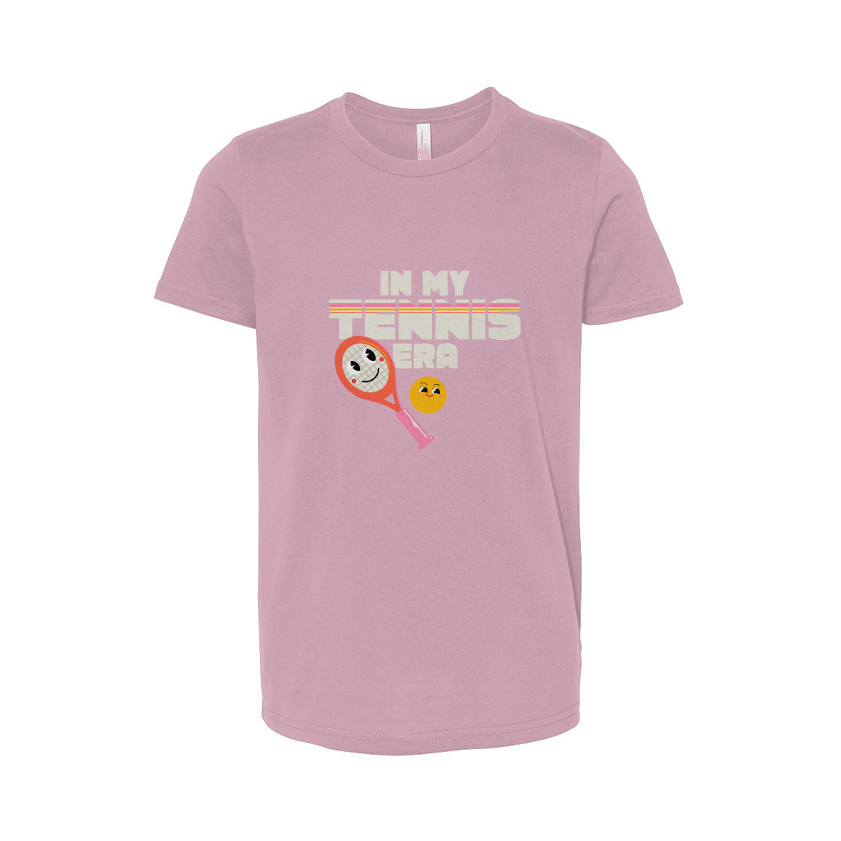 Pink t-shirt with tennis-themed design and text on a white background