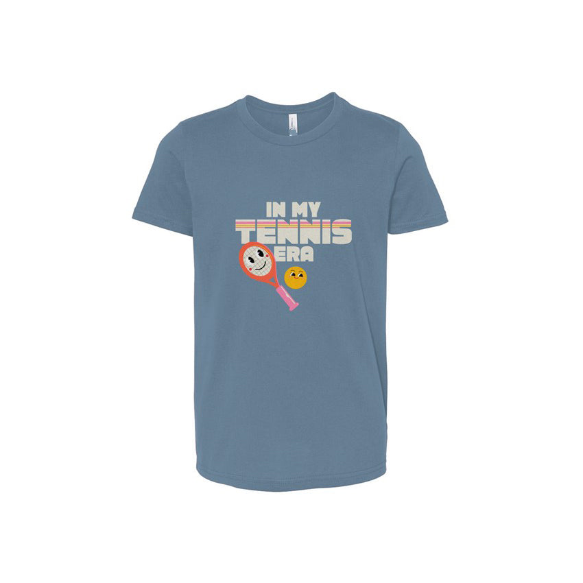 Blue t-shirt with 'In My Tennis Era' graphic on a white background