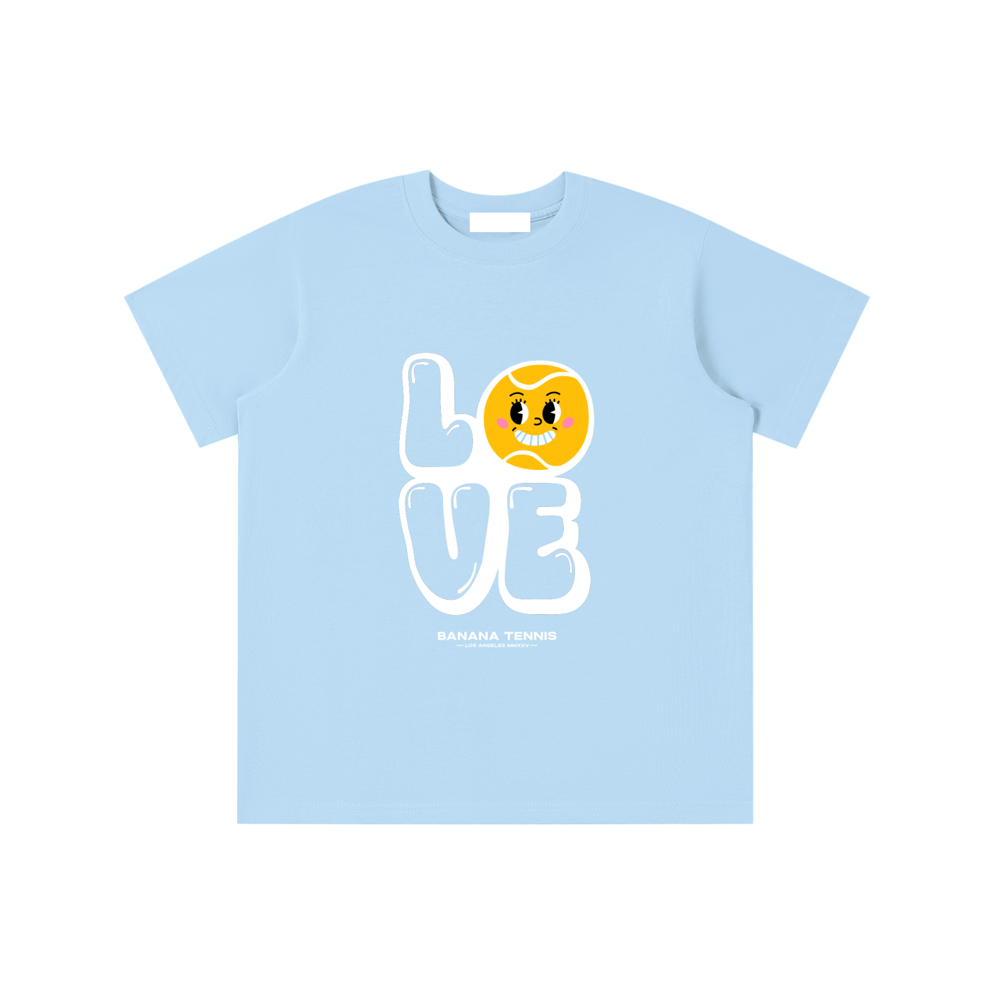Flat-lay of light blue 'LOVE' youth tennis t-shirt with white block letters and yellow smiling tennis ball face