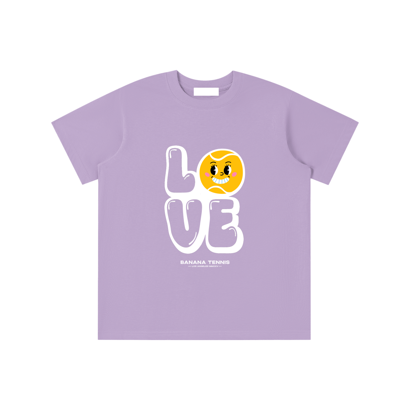 Flat-lay of lavender purple 'LOVE' youth t-shirt featuring bold white 'LOVE' letters and yellow tennis ball face graphic