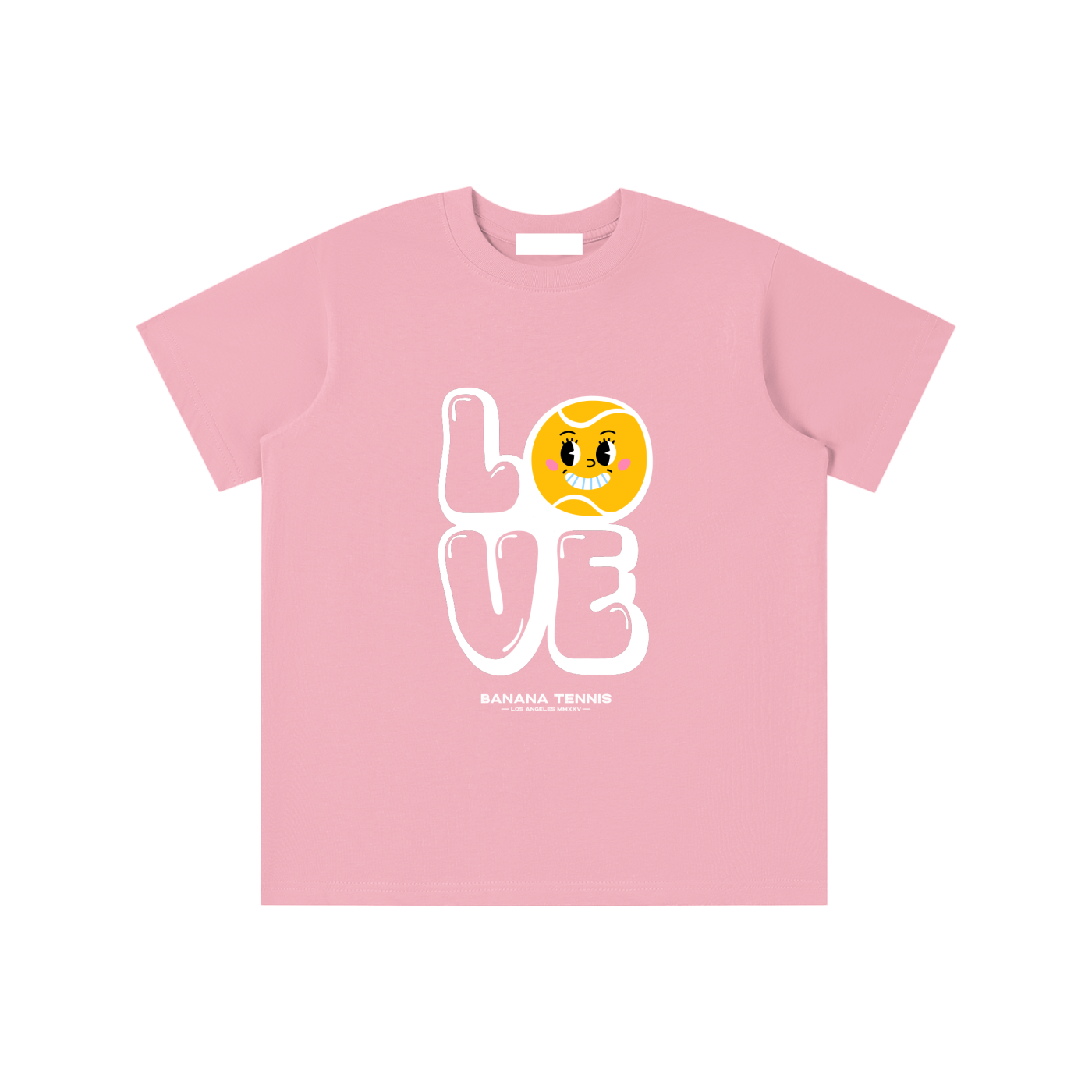 Flat-lay of pink 'LOVE' kids t-shirt with white block lettering and round yellow tennis ball smiley face