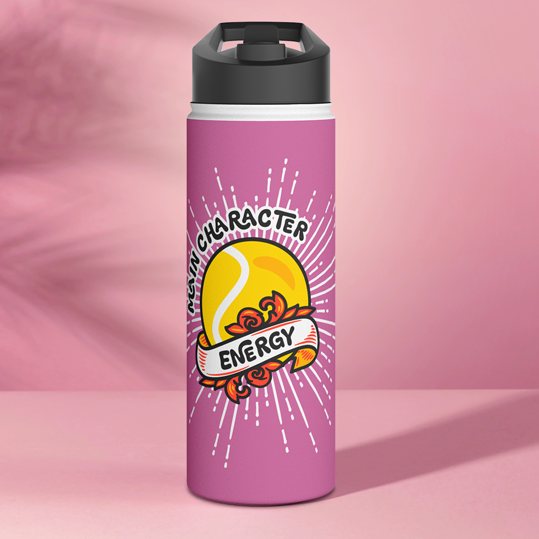 Pink water bottle with a tennis ball design and Main Character Energy text on a pink background