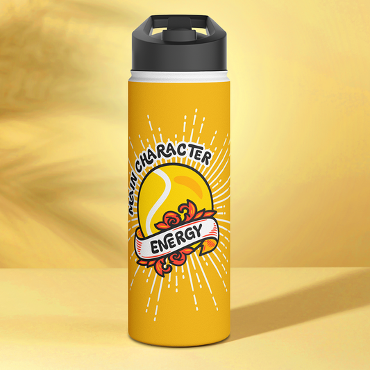 Yellow water bottle with a tennis ball design and Main Character Energy text on a yellow background