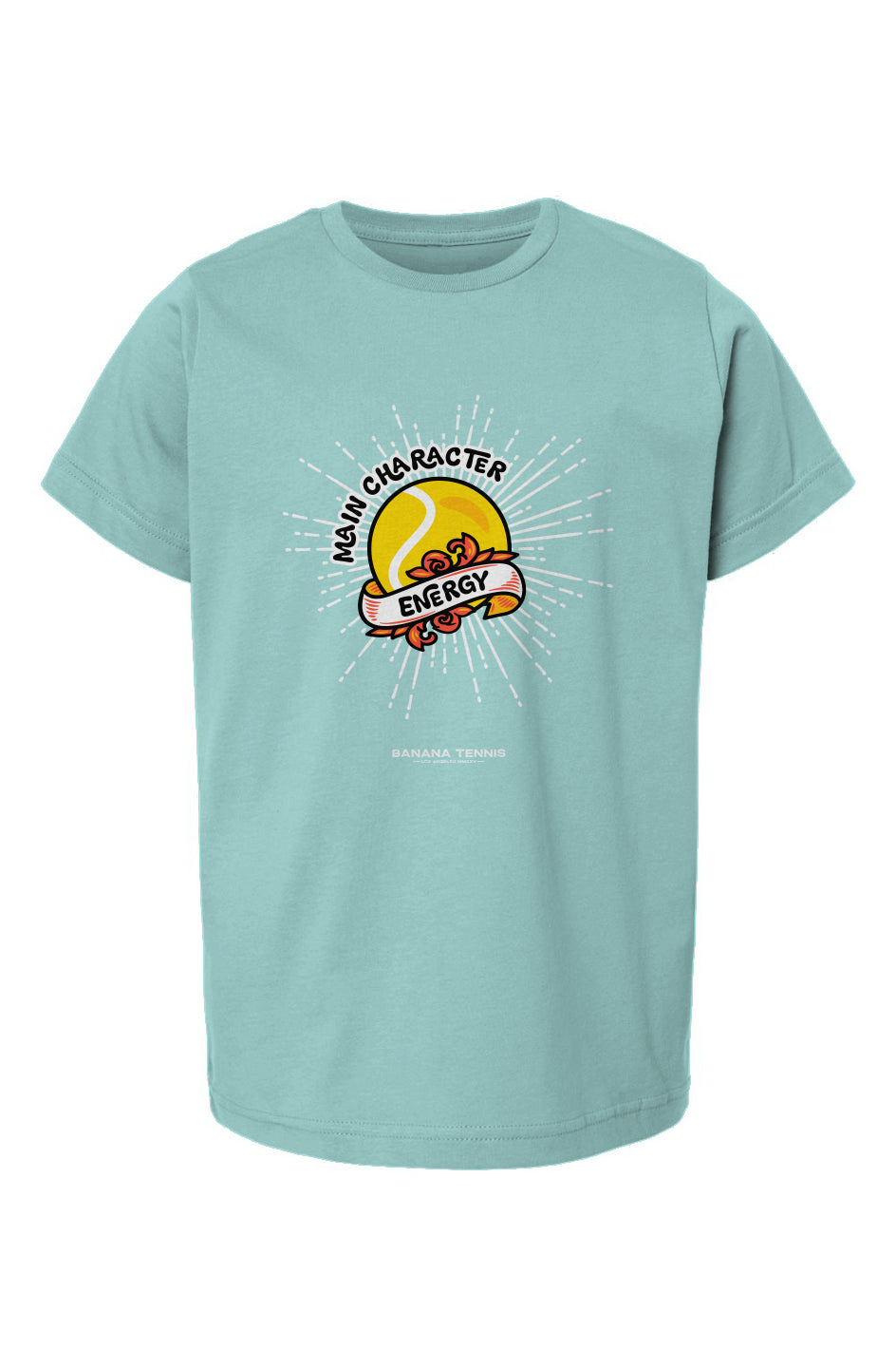 Chill crew neck t-shirt with a graphic design that includes Main Character Energy text and a tennis ball.