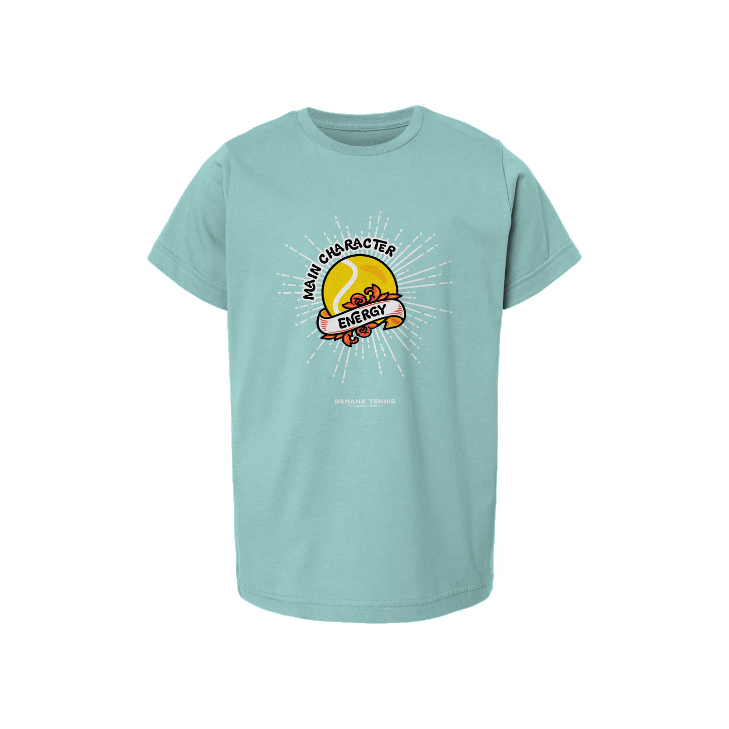 Flat-lay of light mint green youth t-shirt with 'Main Character Energy' tennis-themed sun and burst graphic