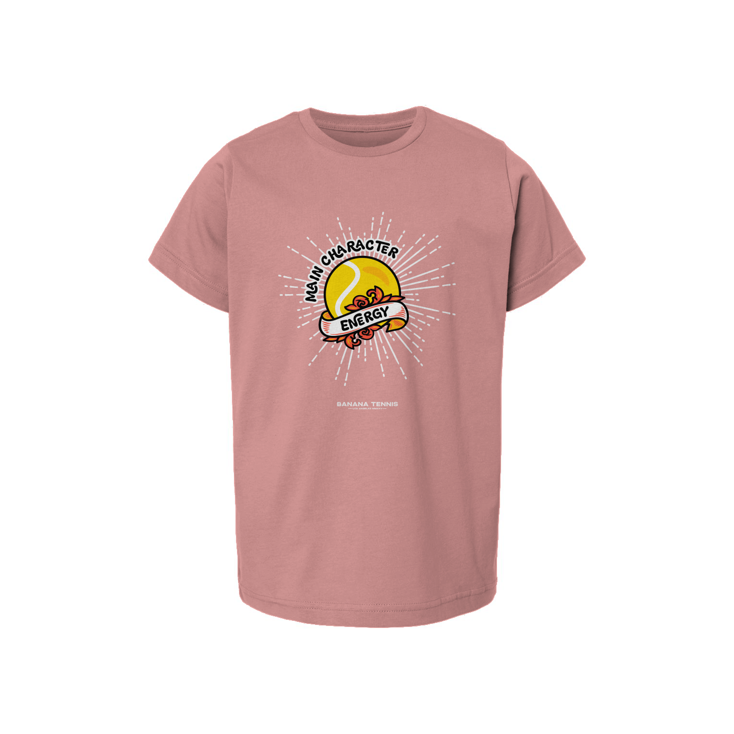 Pink crew neck t-shirt with a graphic design that includes Main Character Energy text and a tennis ball.