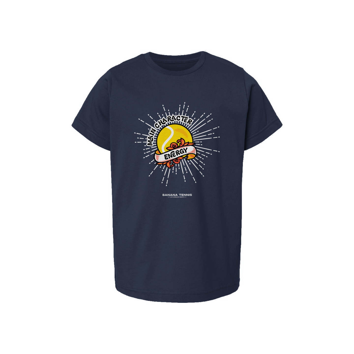 Flat-lay of navy blue 'Main Character Energy' t-shirt with bold tennis-inspired yellow graphic and burst lines