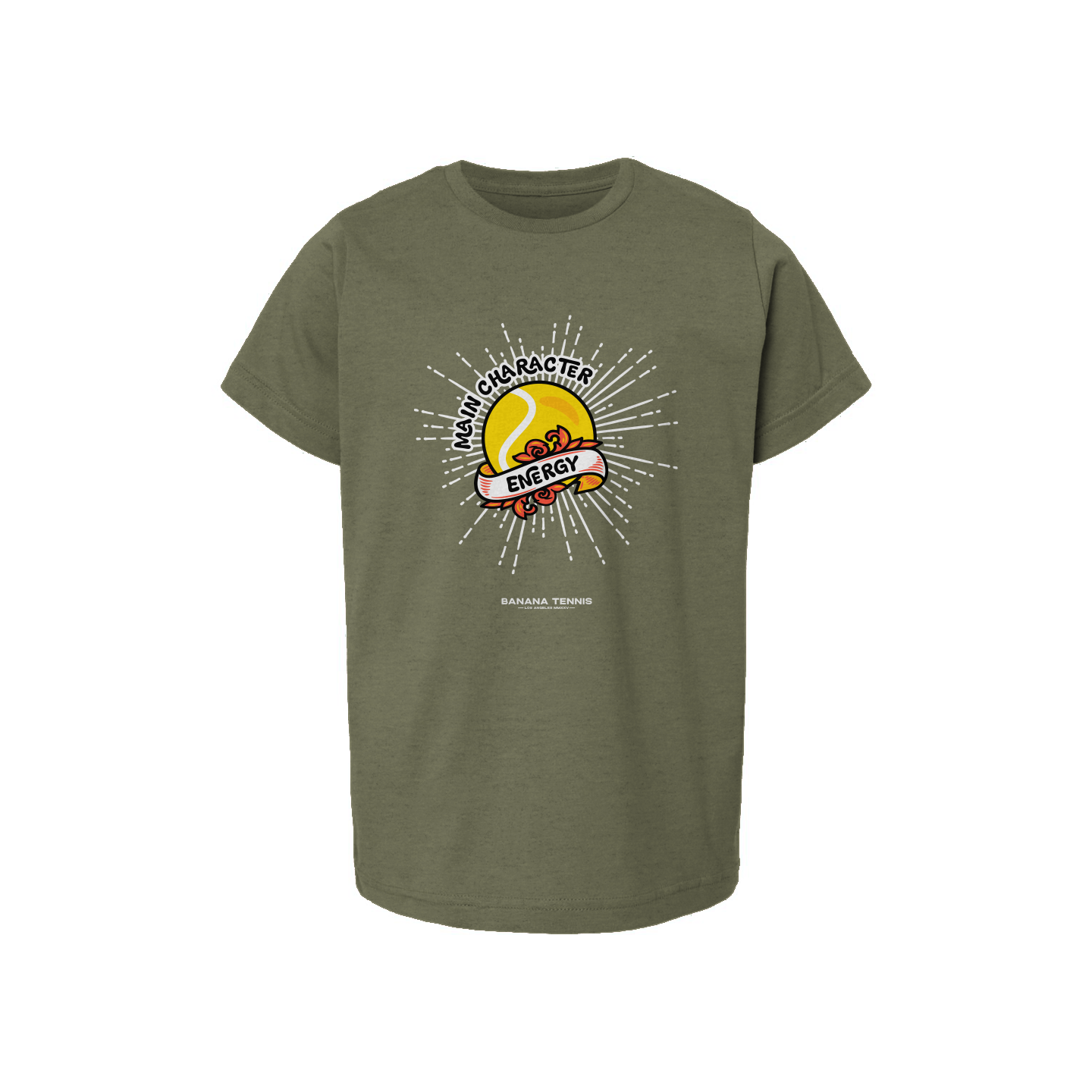 Flat-lay of army green 'Main Character Energy' kids tee with tennis sunburst graphic, front view