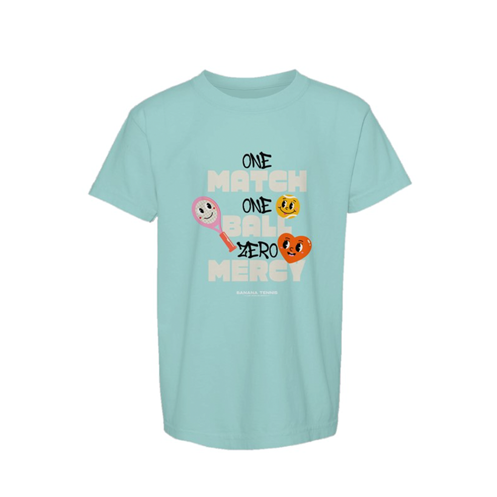 Mint green 'ONE MATCH ONE BALL ZERO MERCY' kids t-shirt with bold typographic design and expressive tennis ball characters
