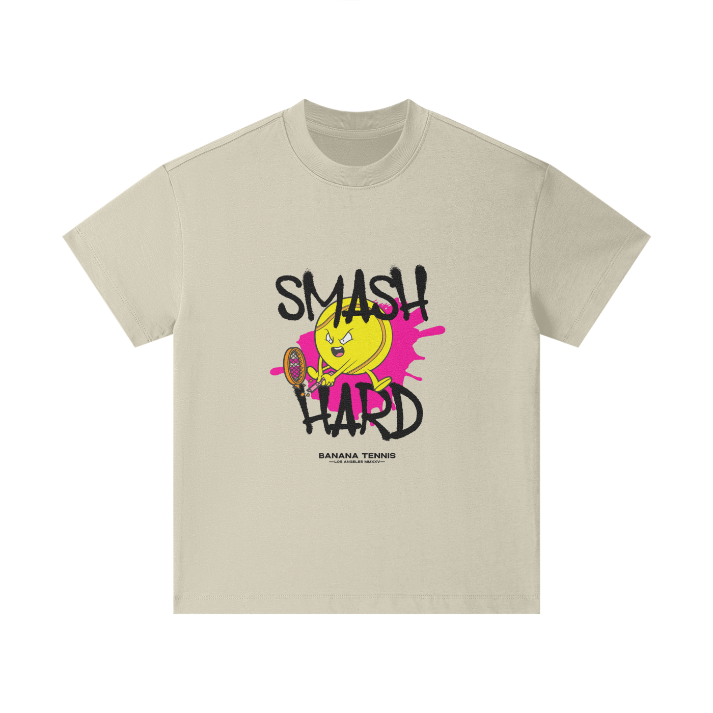 Light beige kids t-shirt with 'SMASH HARD' text and angry yellow tennis ball design, flat background