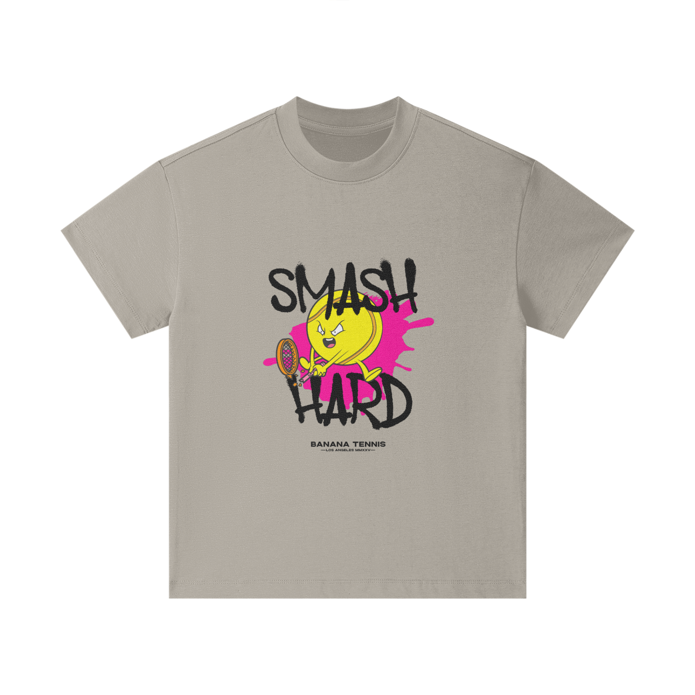 Warm grey 'SMASH HARD' youth t-shirt with bold tennis ball character and paint splash, front view mockup