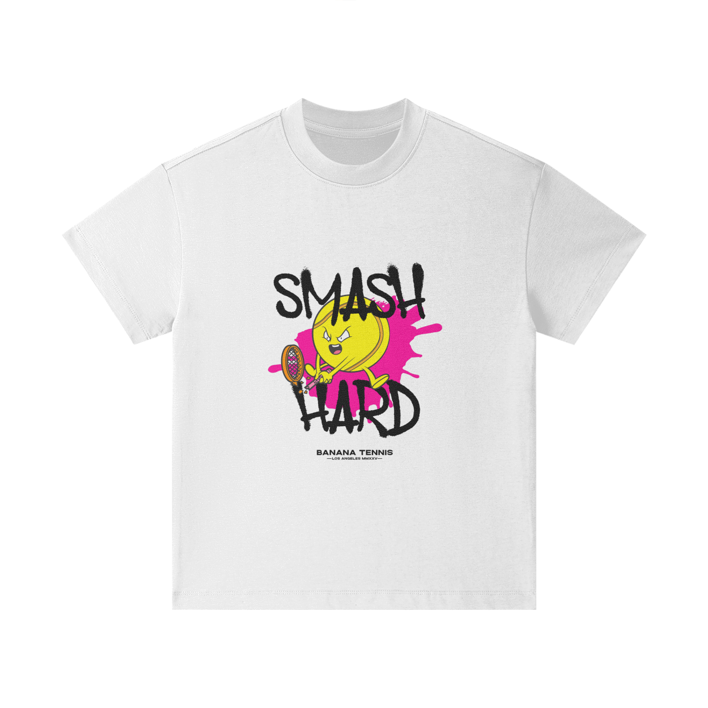 Flat-lay of white youth t-shirt with yellow tennis ball and pink 'SMASH HARD' graffiti graphic on clean background