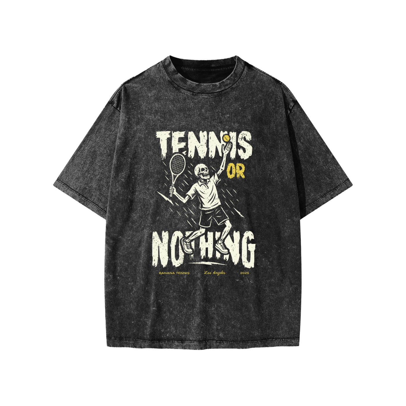Black t-shirt with 'Tennis or Nothing' graphic design on a white background