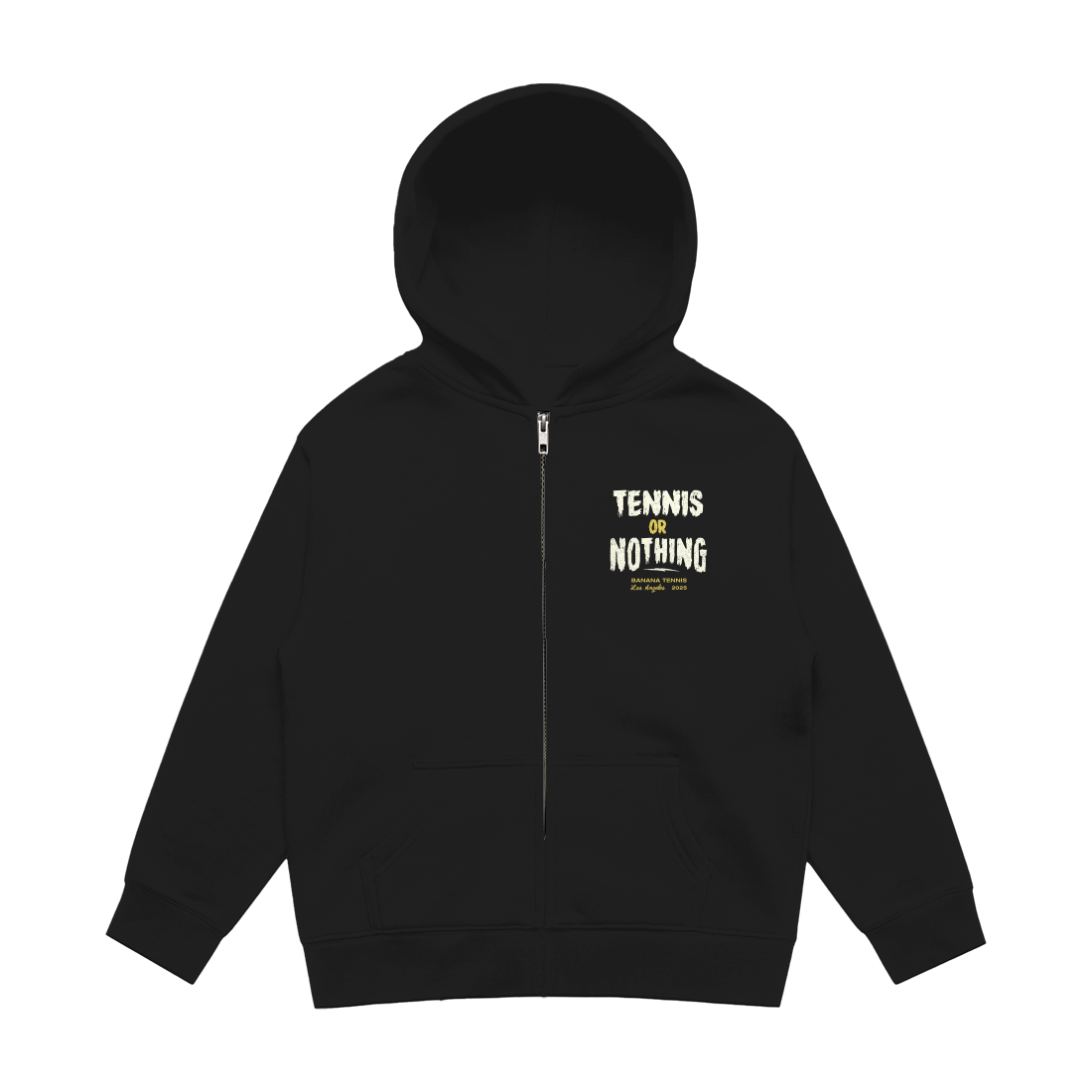 Black hoodie with 'Tennis or Nothing' text on a white background