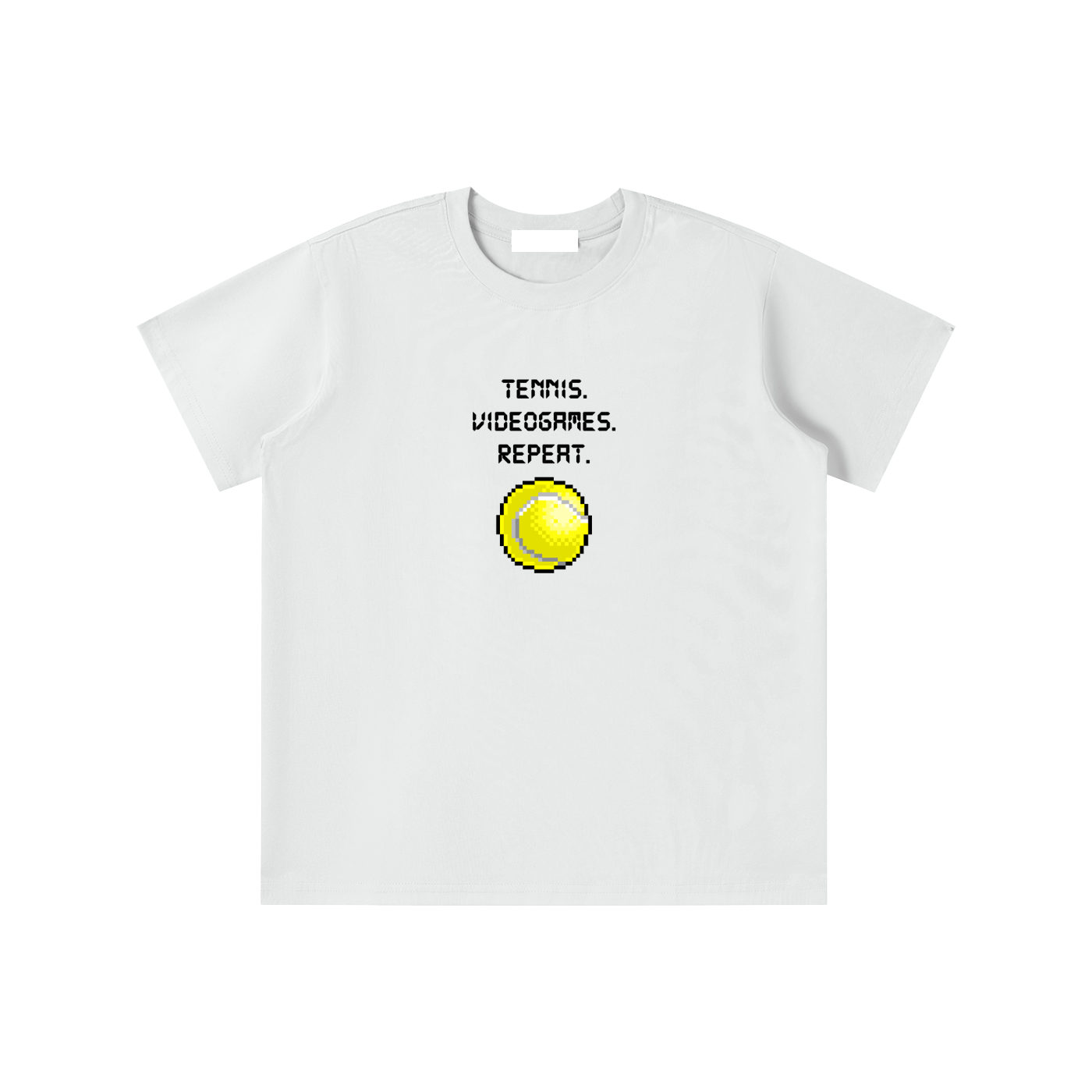 Flat lay of white t-shirt with a bitmap graphic of a pixelated tennis ball and TENNIS. VIDEOGAMES. REPEAT text on white background