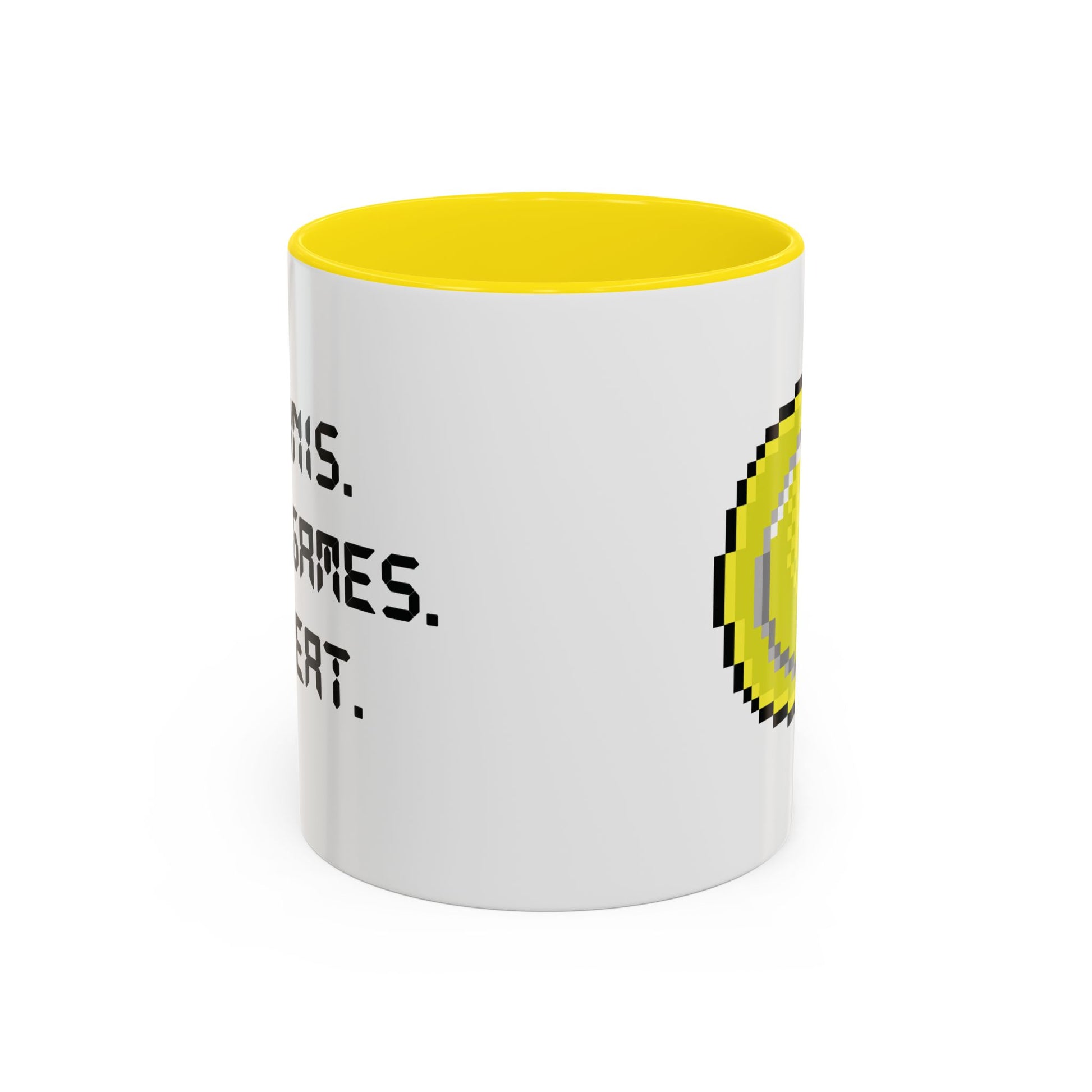 White mug with yellow interior and pixelated design on a white background