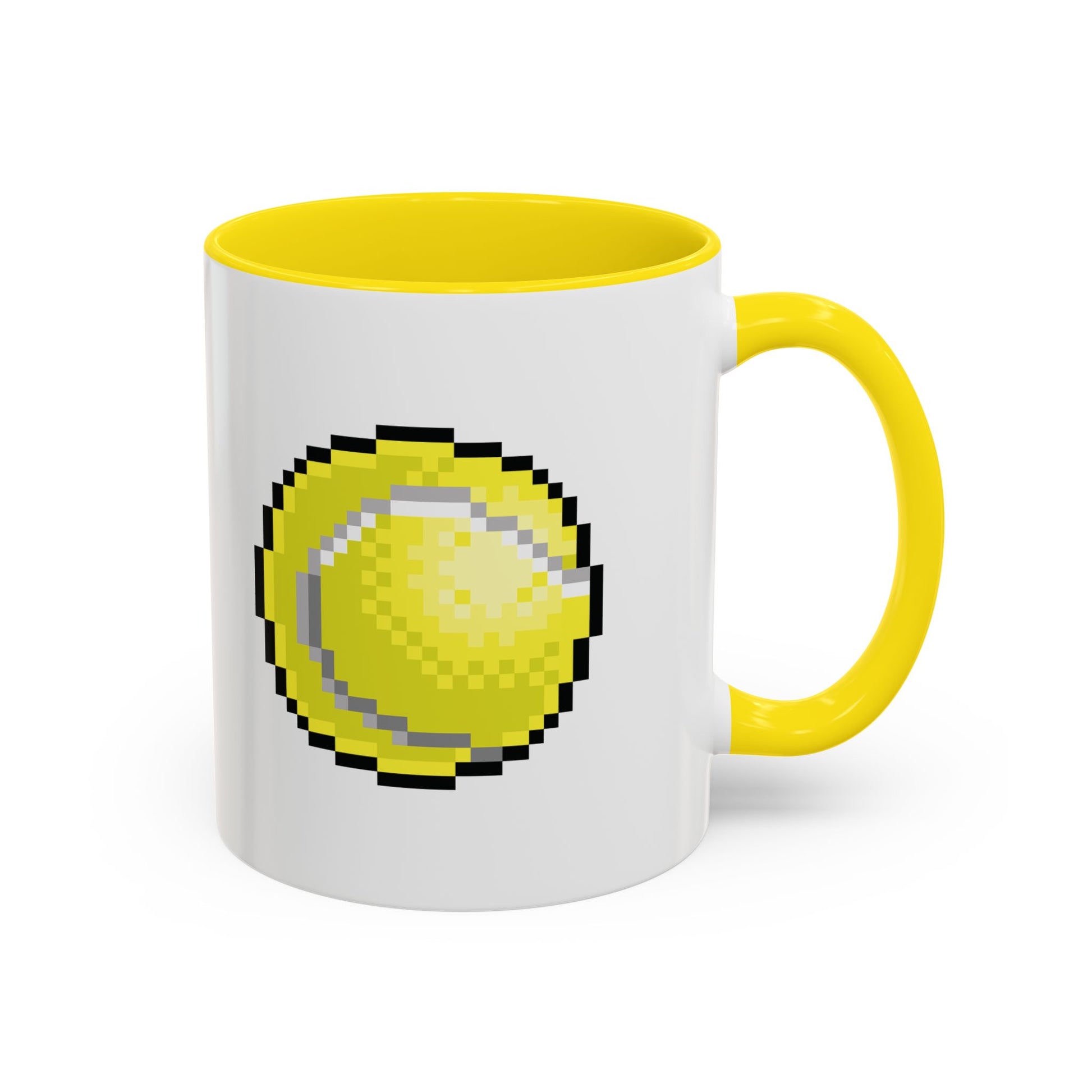 White mug with yellow interior and handle featuring a pixelated tennis ball design on a white background