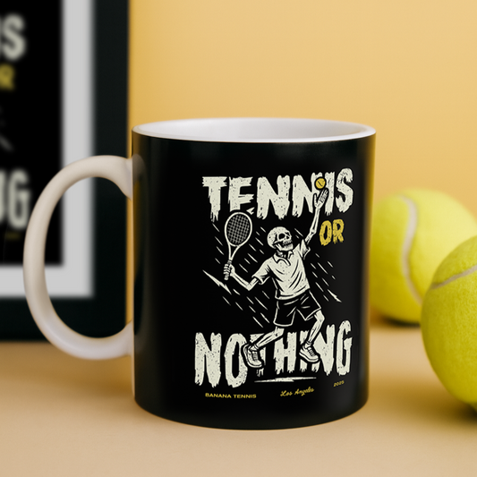 Black mug with 'Tennis or Nothing' design on a yellow background