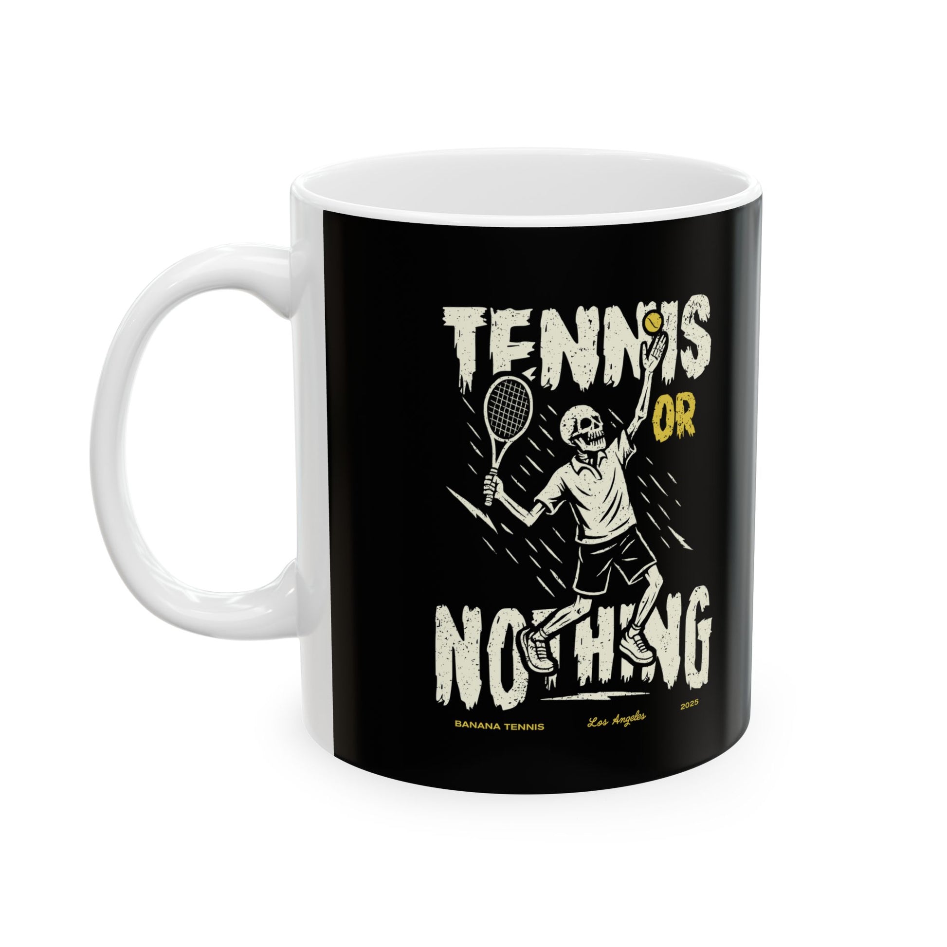 Mug with 'Tennis or Nothing' design featuring a tennis player and text on a black background.