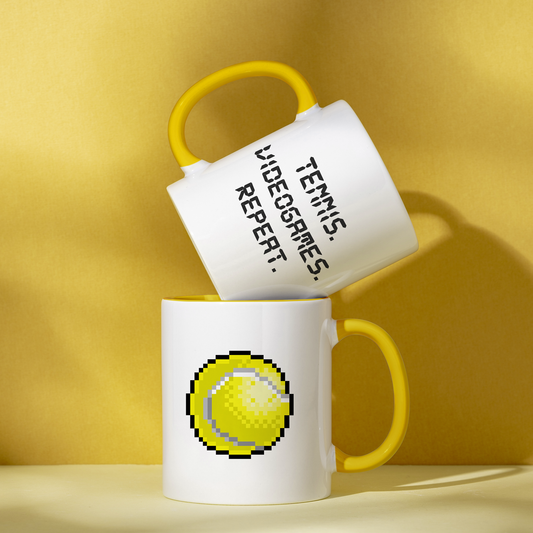 TENNIS. VIDEOGAMES. REPEAT Mug - Perfect for Gamers, Unique Gift for Birthdays, Retro Pixel Art Coffee Mugs, Fun Office Decor, 11oz & 15oz Sizes
