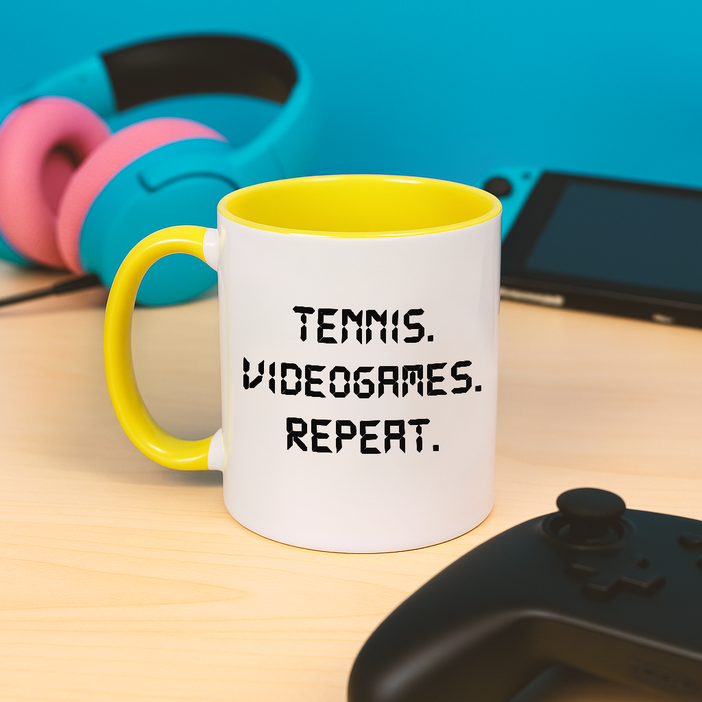 TENNIS. VIDEOGAMES. REPEAT Mug - Perfect for Gamers, Unique Gift for Birthdays, Retro Pixel Art Coffee Mugs, Fun Office Decor, 11oz & 15oz Sizes