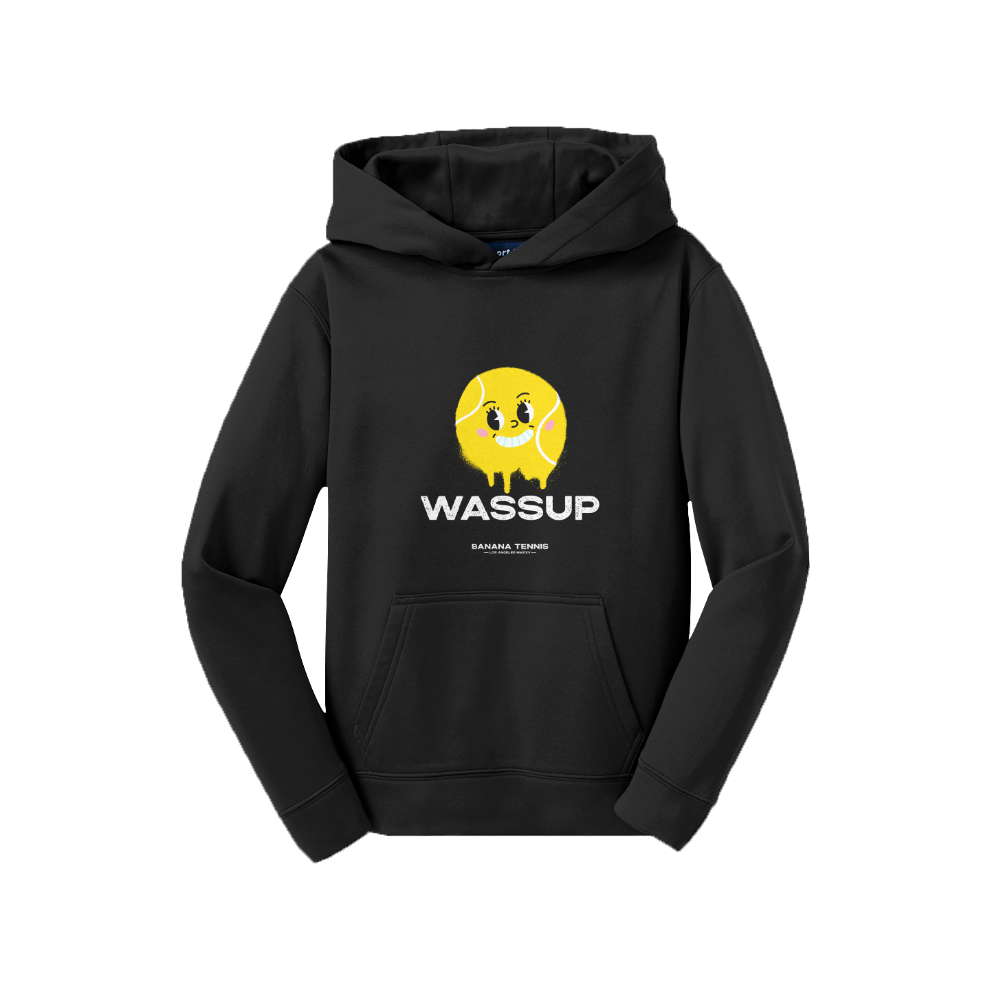 Black hoodie with a yellow character and 'WASSUP' text on a white background