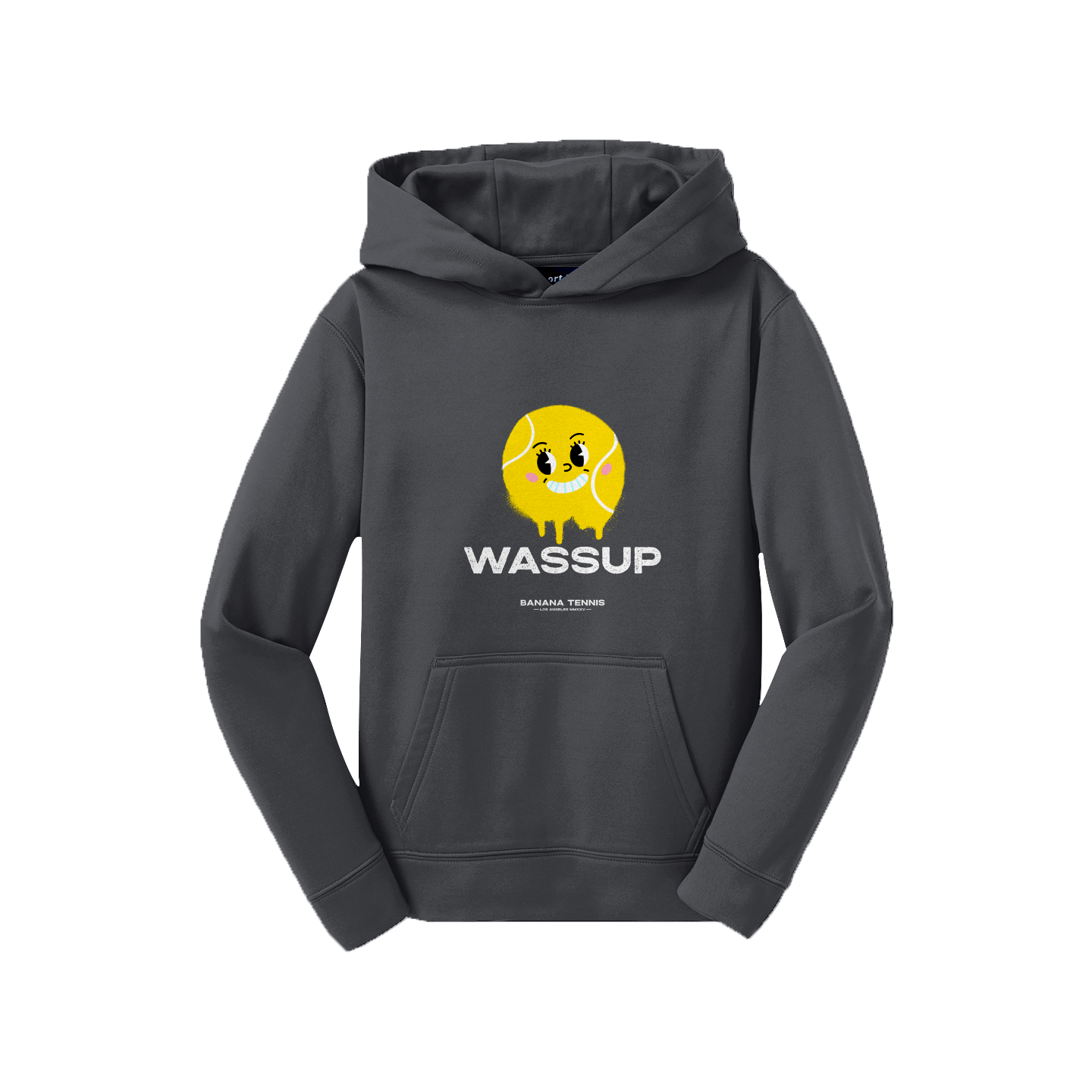 Gray hoodie with a yellow character and 'WASSUP' text on a white background